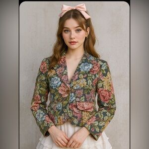 coquette girl vintage floral tapestry cottage core blazer size XL Missing Button